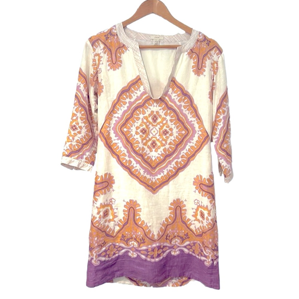 J crew lined linen dress size 0. Purple tan, beige orange.